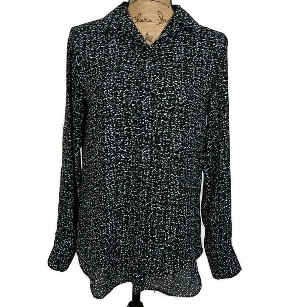 Mossimo‎ Womens sz S Top Black Printed Long Sleeve Collared Button Up